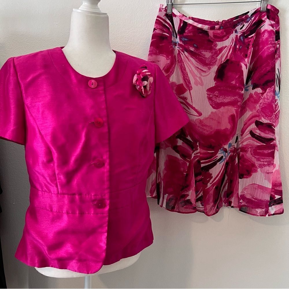 Danny & Nicole Skirt And Blouse Sz 10 Pink Top With Floral Skirt Career Church